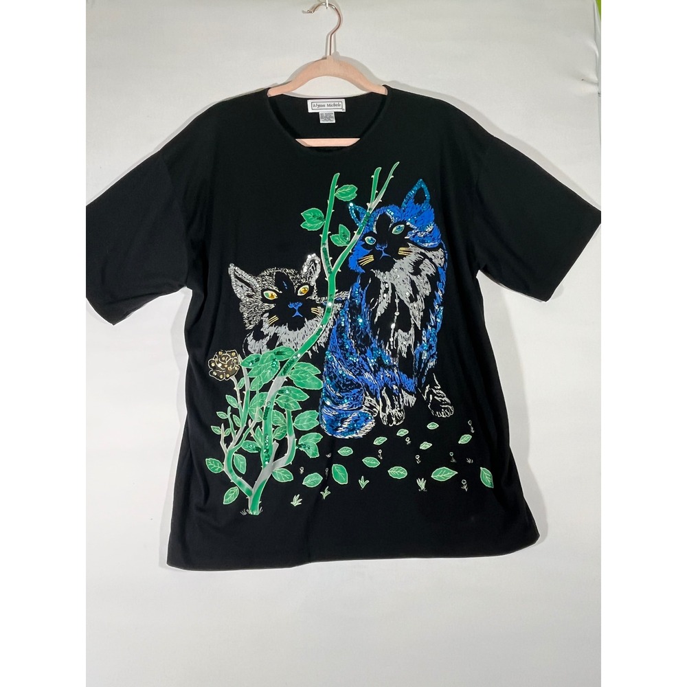 VTG Alyssa Michele Kitty Cat Rose Sequin Embellishedโ Graphic Tee Black One Size